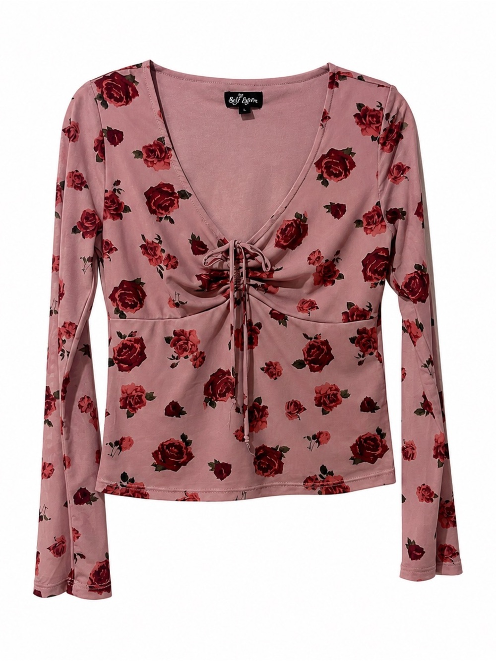 Self Esteem Pink Rose Floral Tie-Front Long Sleeve Y2K Coquette Fairycore Top S